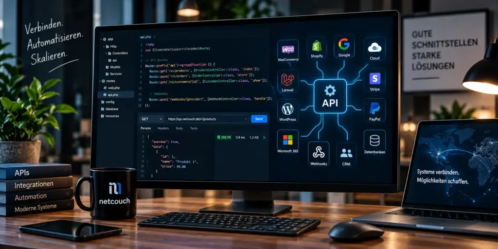 Monitor mit API-Code und einer Übersicht angebundener Systeme wie Shop, CRM, Zahlungsdienst und Datenbank