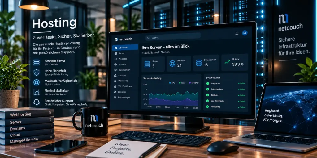 Server-Dashboard mit Status von Webserver, Datenbanken, Backups, SSL-Zertifikaten und Monitoring