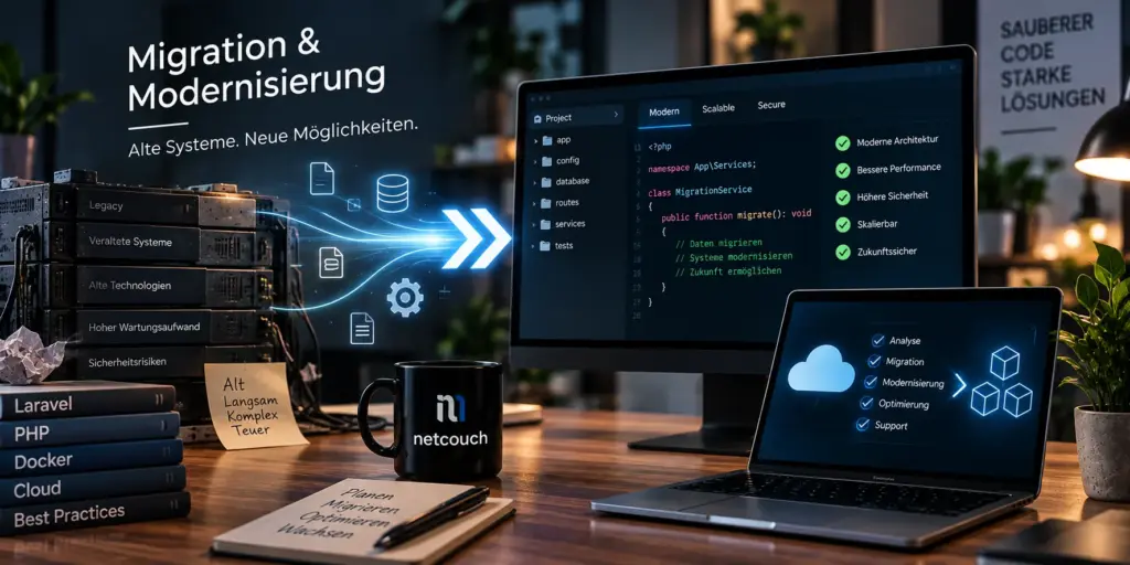 Software Modernisierung: Daten und Funktionen wandern von veralteten Legacy-Servern in eine moderne PHP-Anwendung auf Monitor und Laptop