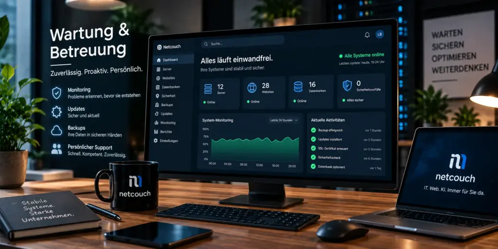 Monitoring-Dashboard mit dem Status von Servern, Websites, Datenbanken, Backups und Updates