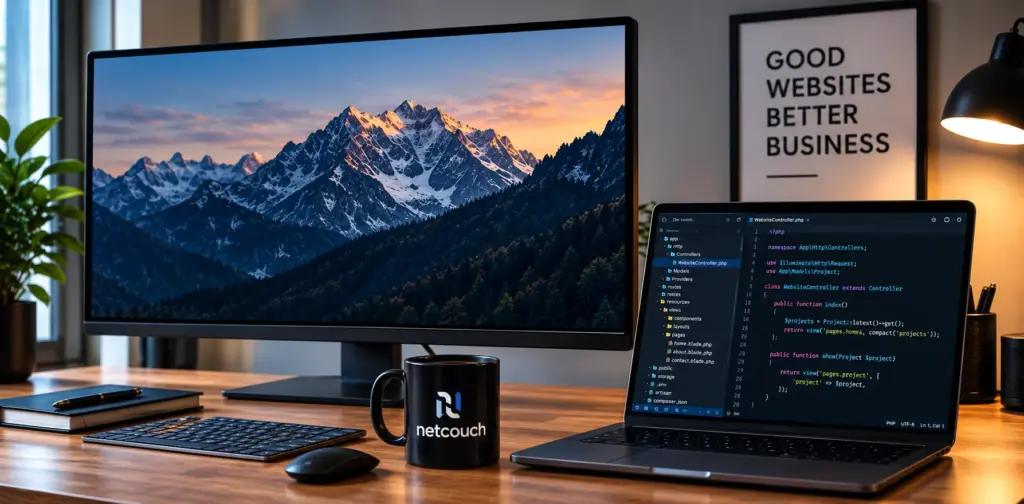 Arbeitsplatz mit Monitor und Laptop mit Quellcode