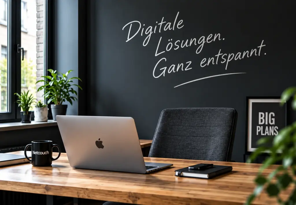 Arbeitsplatz mit Laptop und Netcouch-Tasse vor einer Wand mit dem Schriftzug „Digitale Lösungen. Ganz entspannt.“