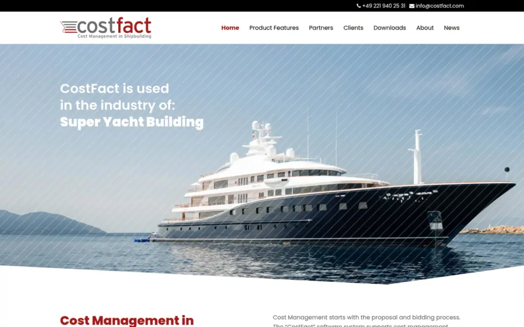 costfact.com – Startseite der Kostenmanagement-Software für den Schiffbau (Screenshot)