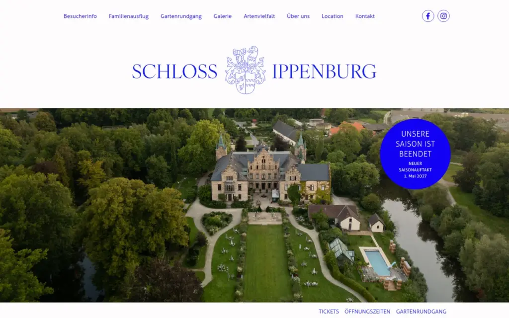 ippenburg.de – Startseite mit Luftbild von Schloss Ippenburg (Screenshot)