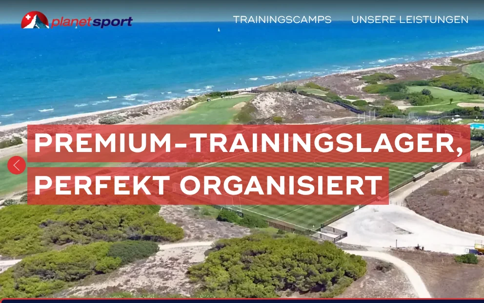 planetsport.ch – Startseite mit Suche nach Trainingscamps (Screenshot)
